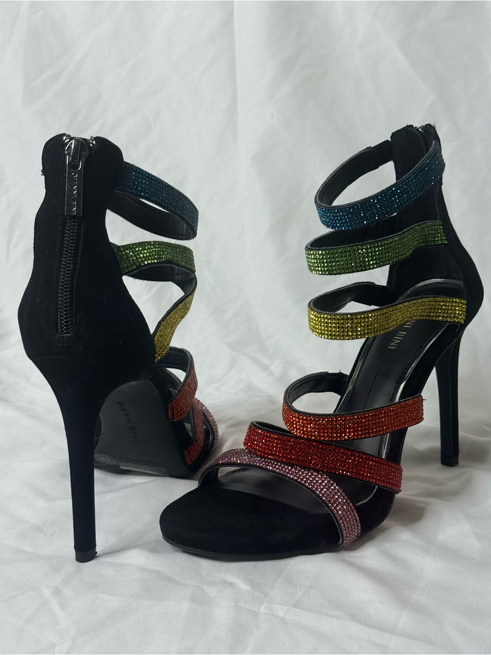 Gianni Bini Black Suede Strappy Heels with Rainbow Crystal Straps